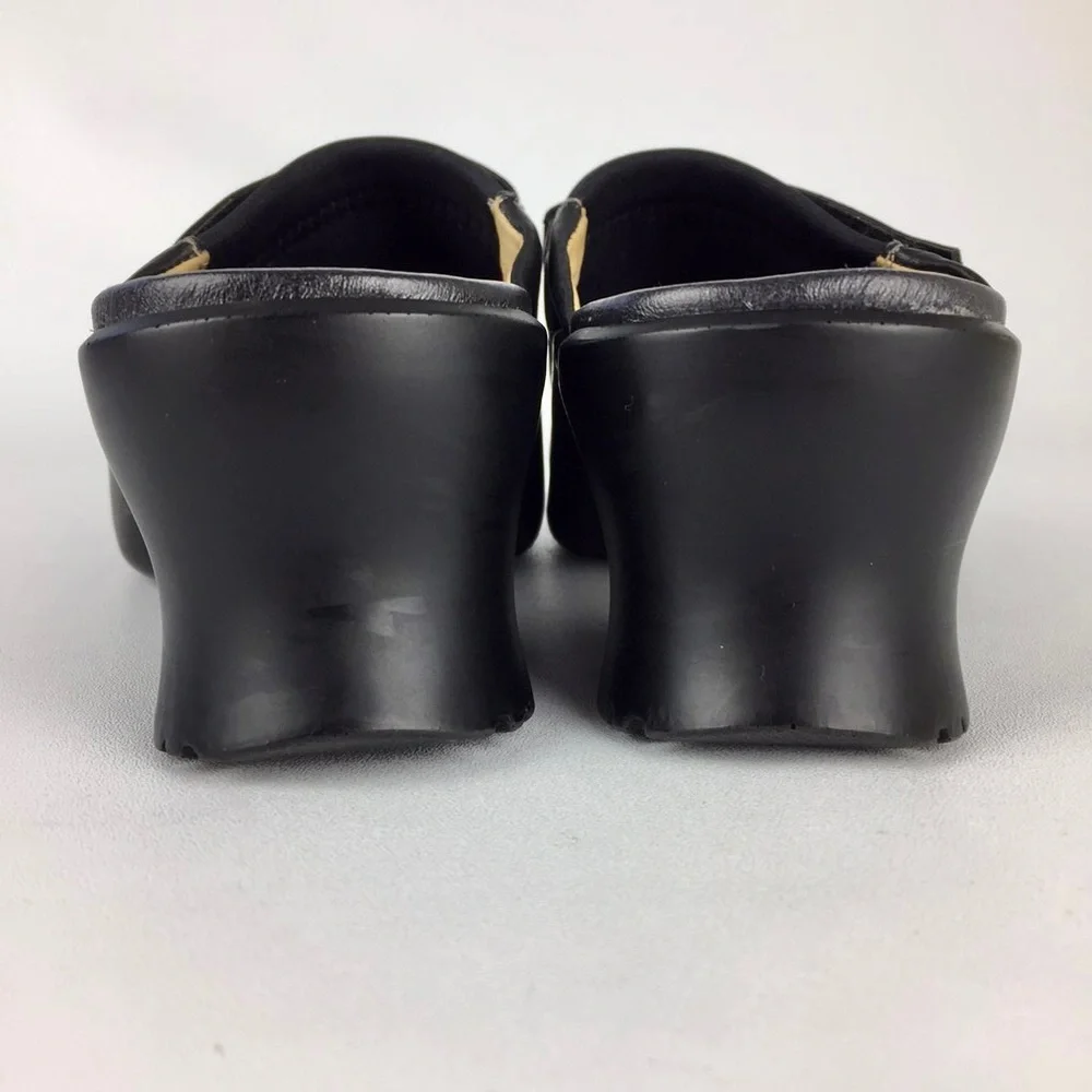 Akaishi Womens Black Heeled Slides Sandals Strappy Chunky Slip On Comfort size 7